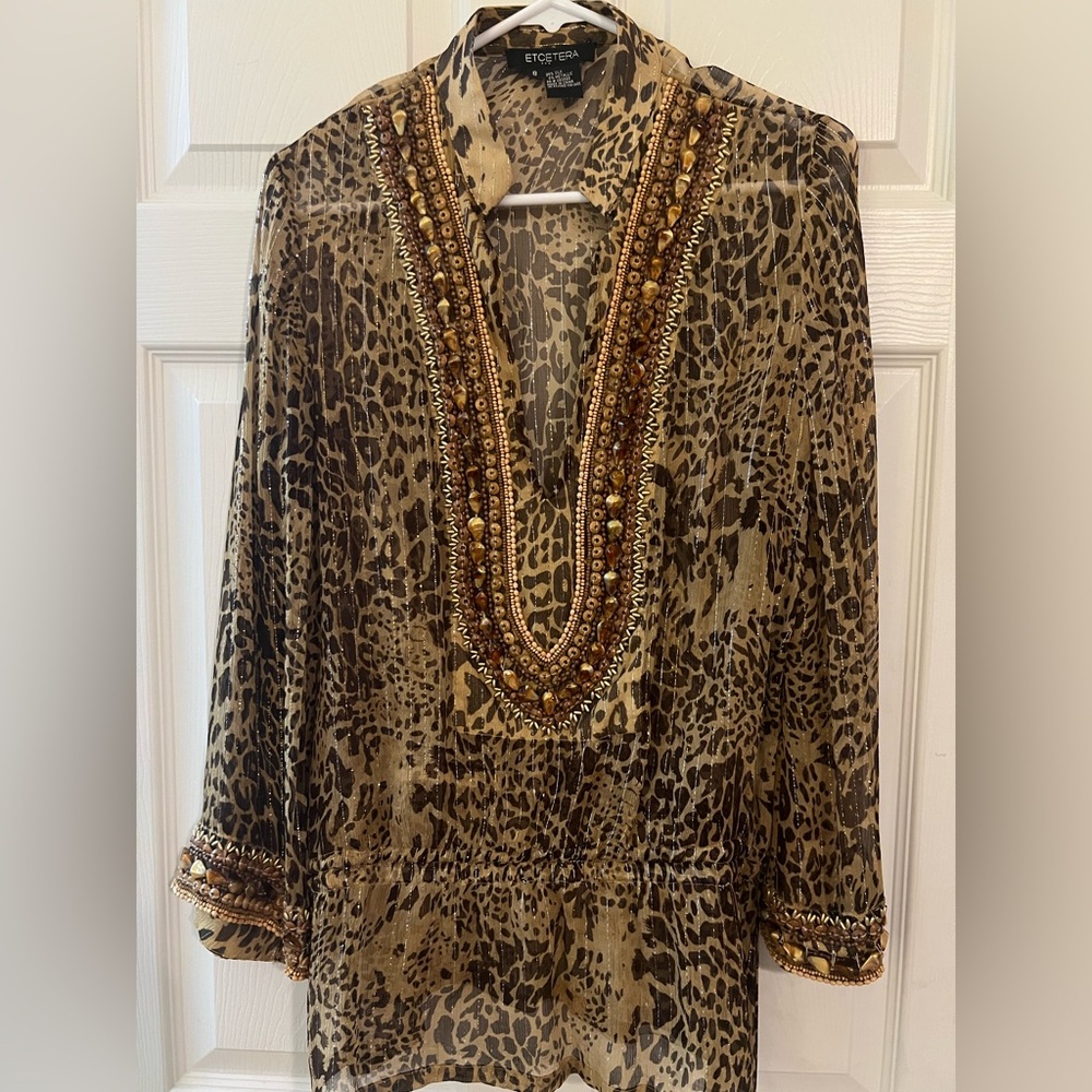 Etcetera Leopard Print Silk Beaded Blouse